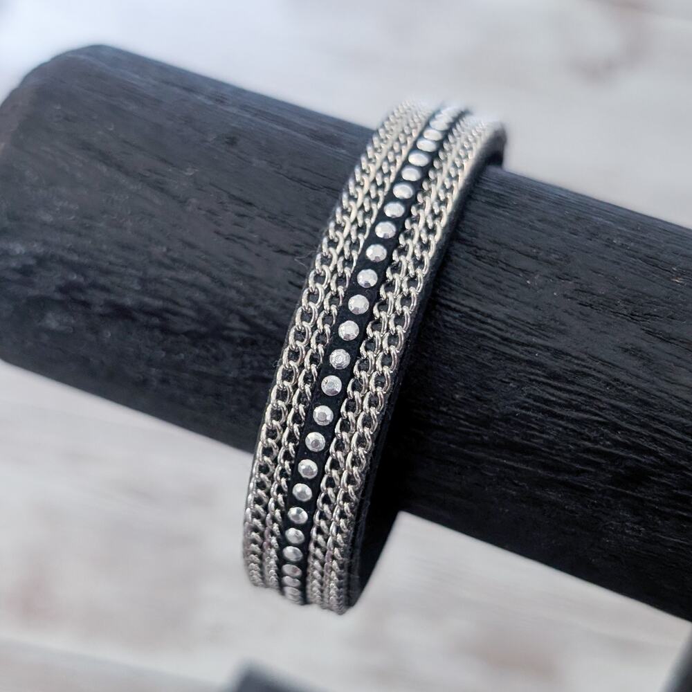 Black & Silver Tone Studded Bracelet with Chains Design Emo Goth Skater